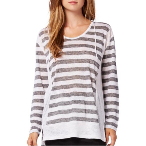 💕MICHAEL STARS💕 Linen-Knit Stripe-Hooded Pullover Grey White Striped Pattern - Picture 3 of 9